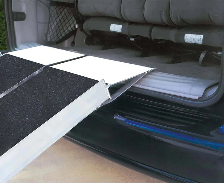 PVI - Aluminum Multi-Fold Rear Door Reach Portable Van Wheelchair Ramp zoomed in image showing how it latches to thresholds
