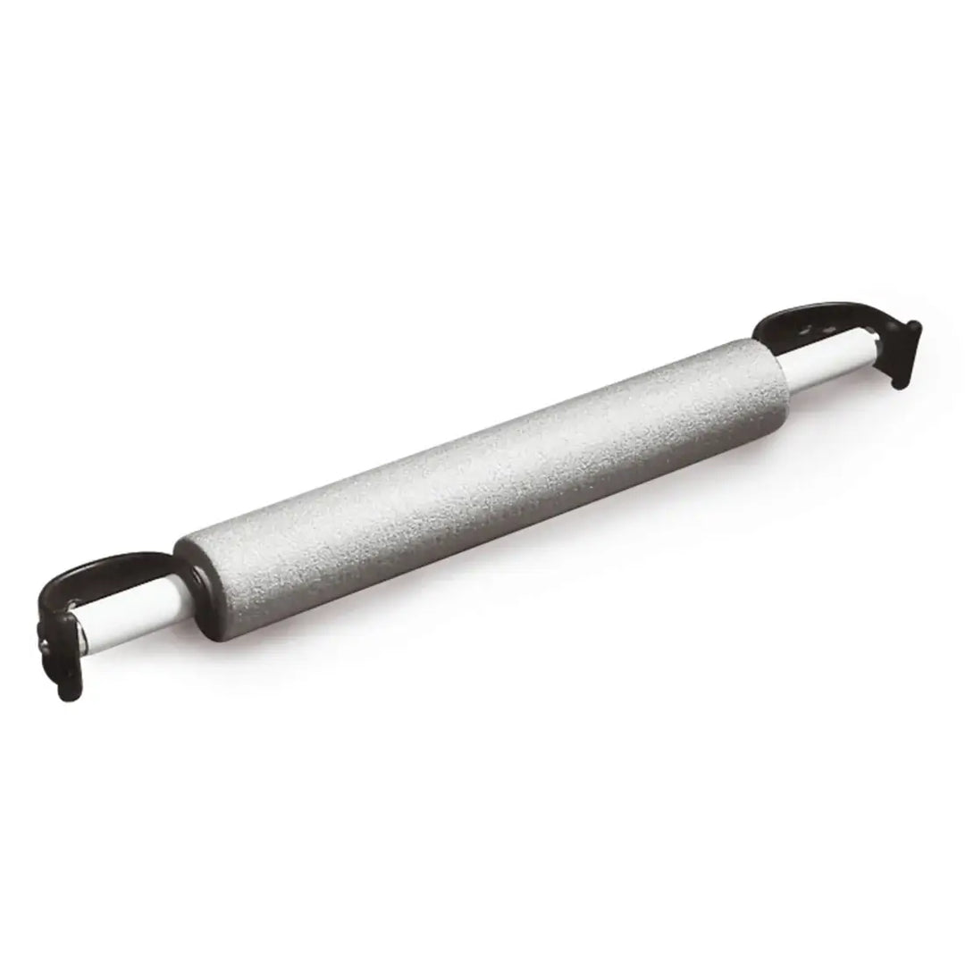 Foam roller with black handles on a white background