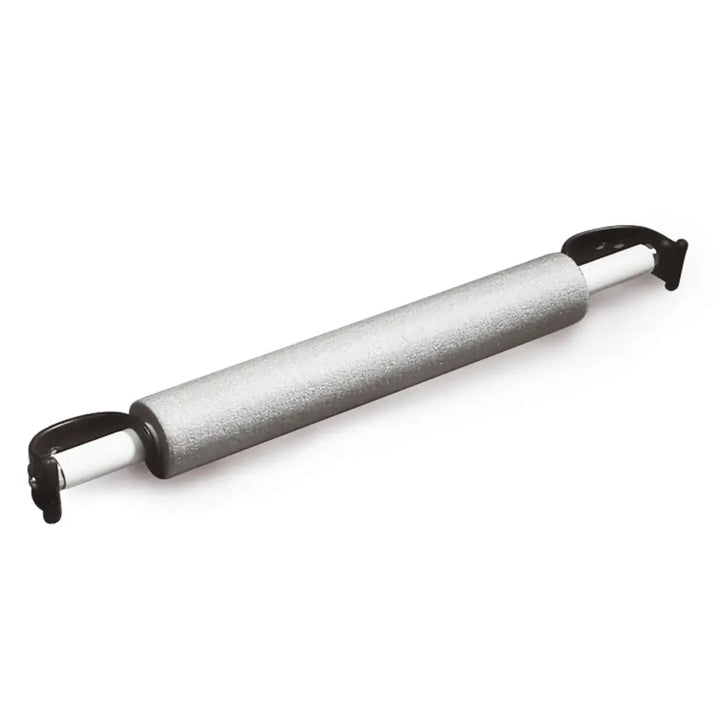 Foam roller with black handles on a white background