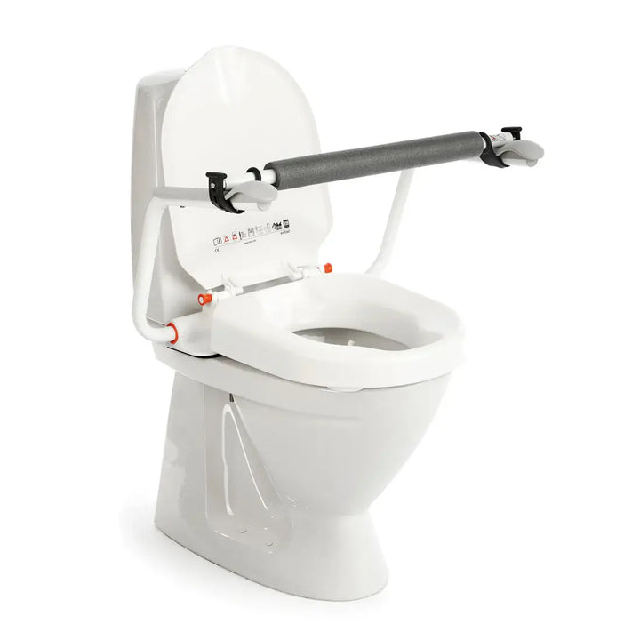 White toilet with a adjustable armrest on a white background