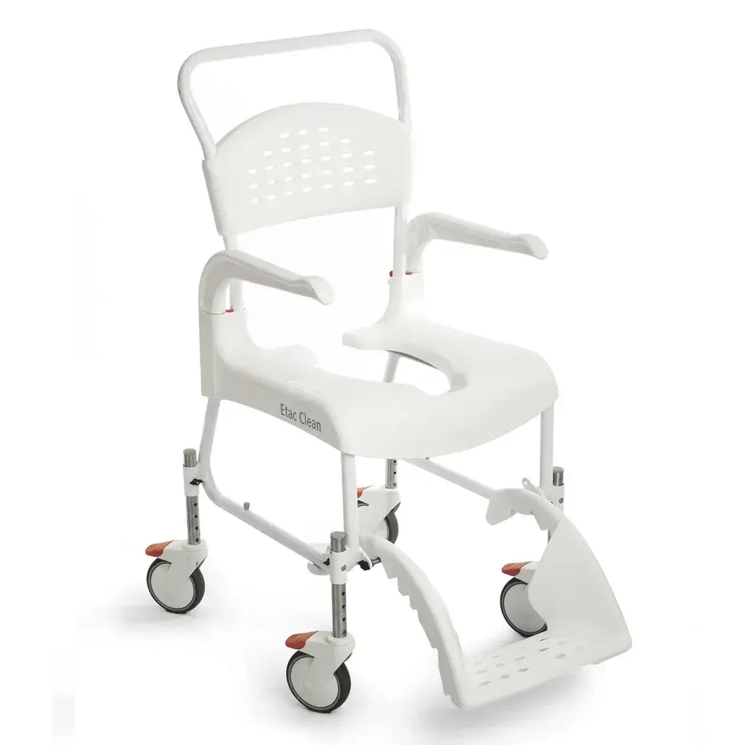 White shower commode chair with wheels on a white background