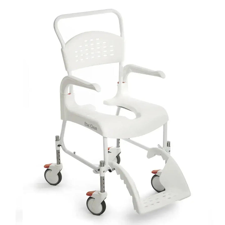 White shower commode chair with wheels on a white background