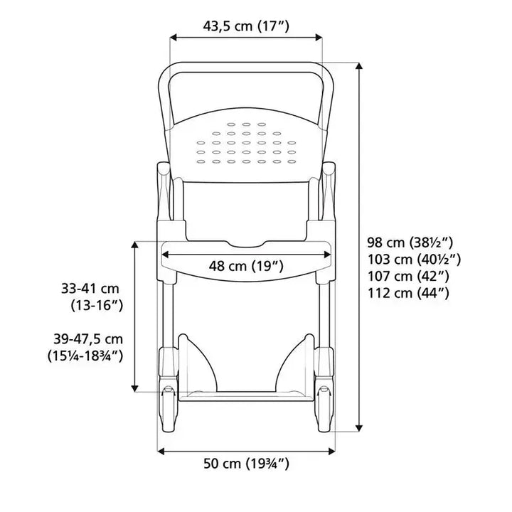 Etac Clean Rolling Shower Commode Chair from reliable ramps showing dimensions front view