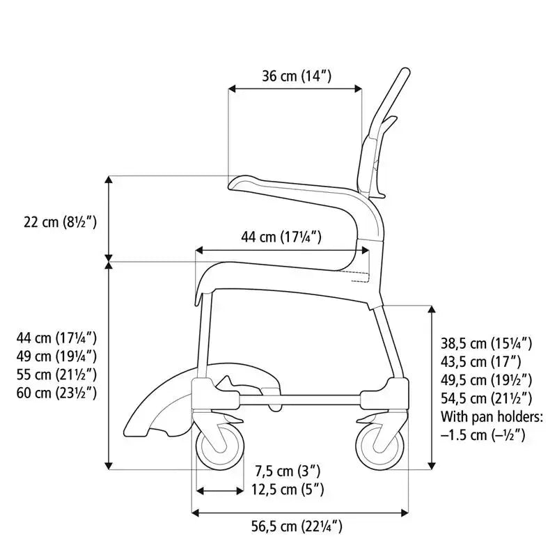 Etac Clean Rolling Shower Commode Chair from reliable ramps showing dimensions from the side