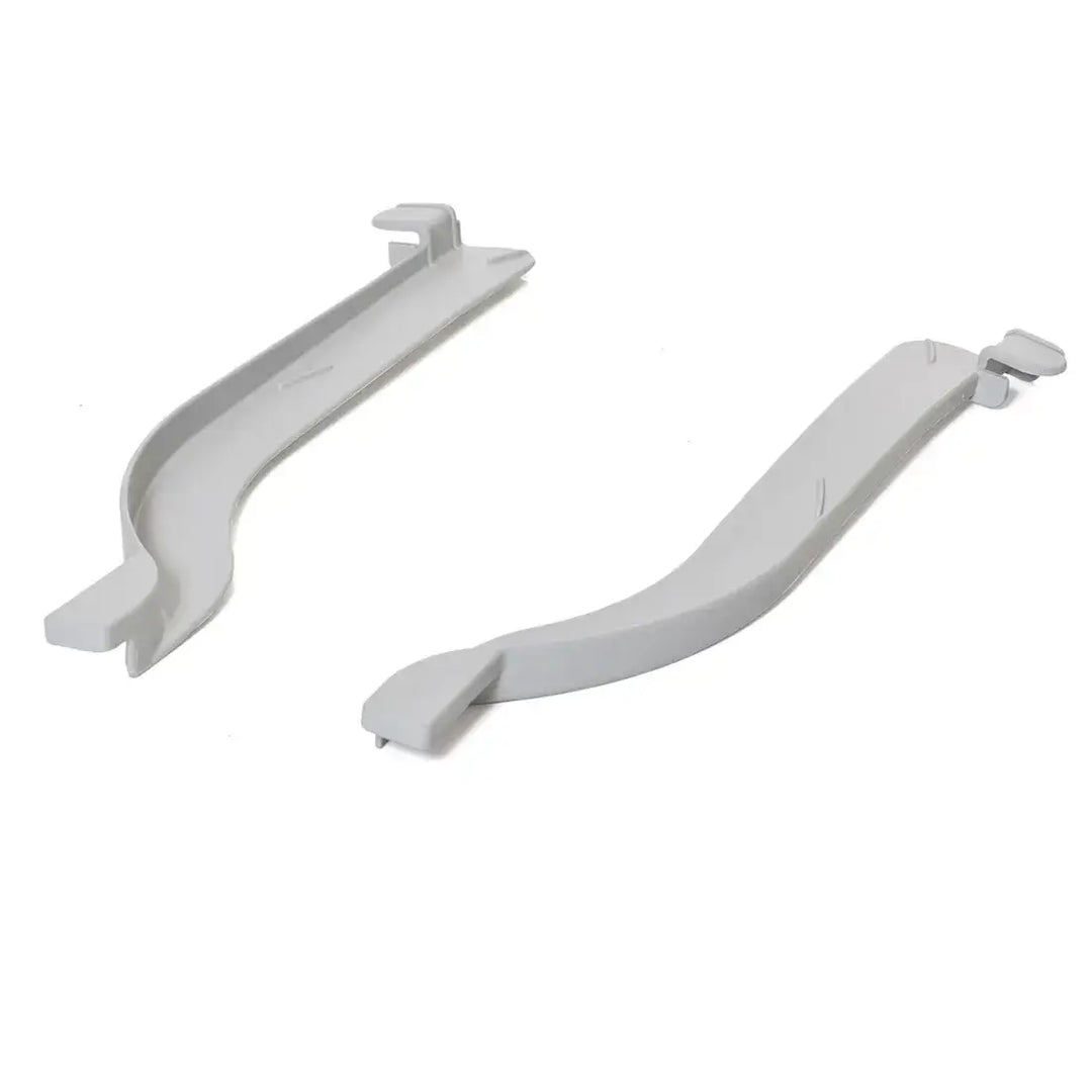 Two white plastic window handles on a white background