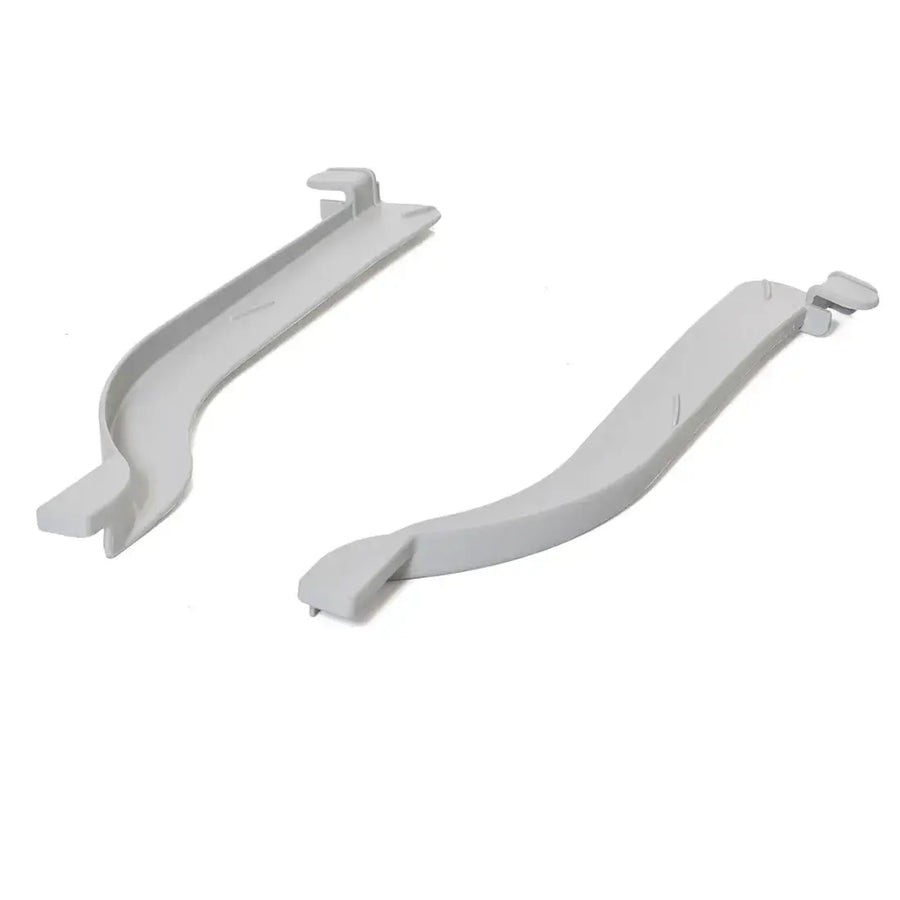 Two white plastic window handles on a white background