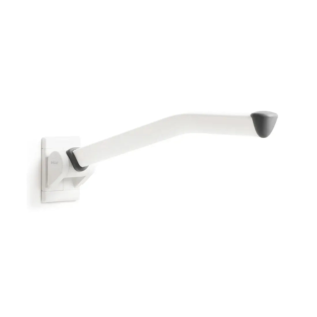 White shower arm with gray end on a white background