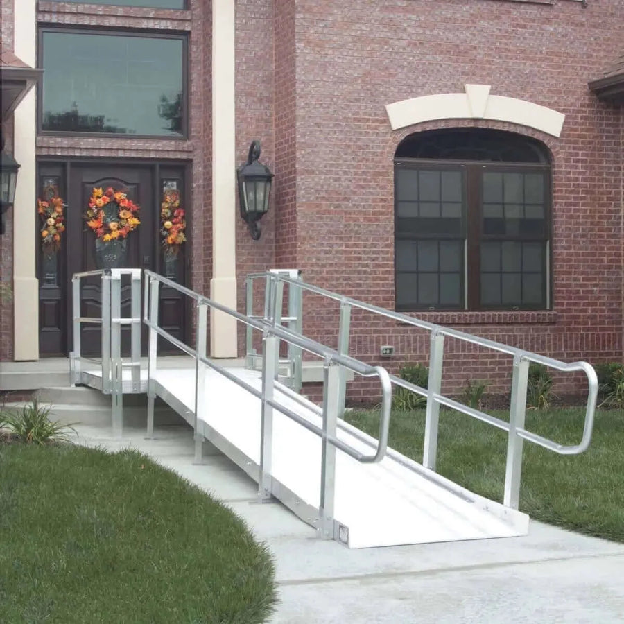 PVI - XP Aluminum Modular Wheelchair Ramp with Handrails being used in front of a home's main entrance