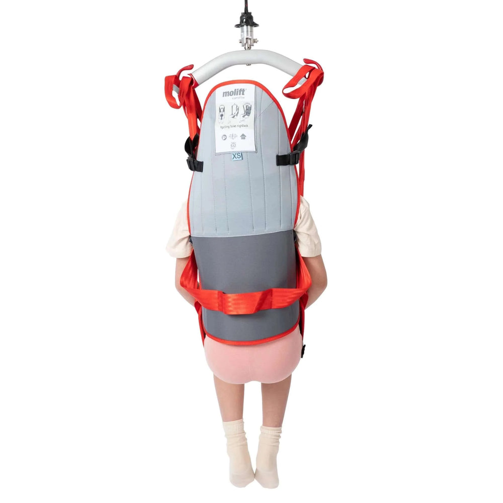 Molift - RgoSling Toilet HighBack Padded Patient Sling being used by a patient back view