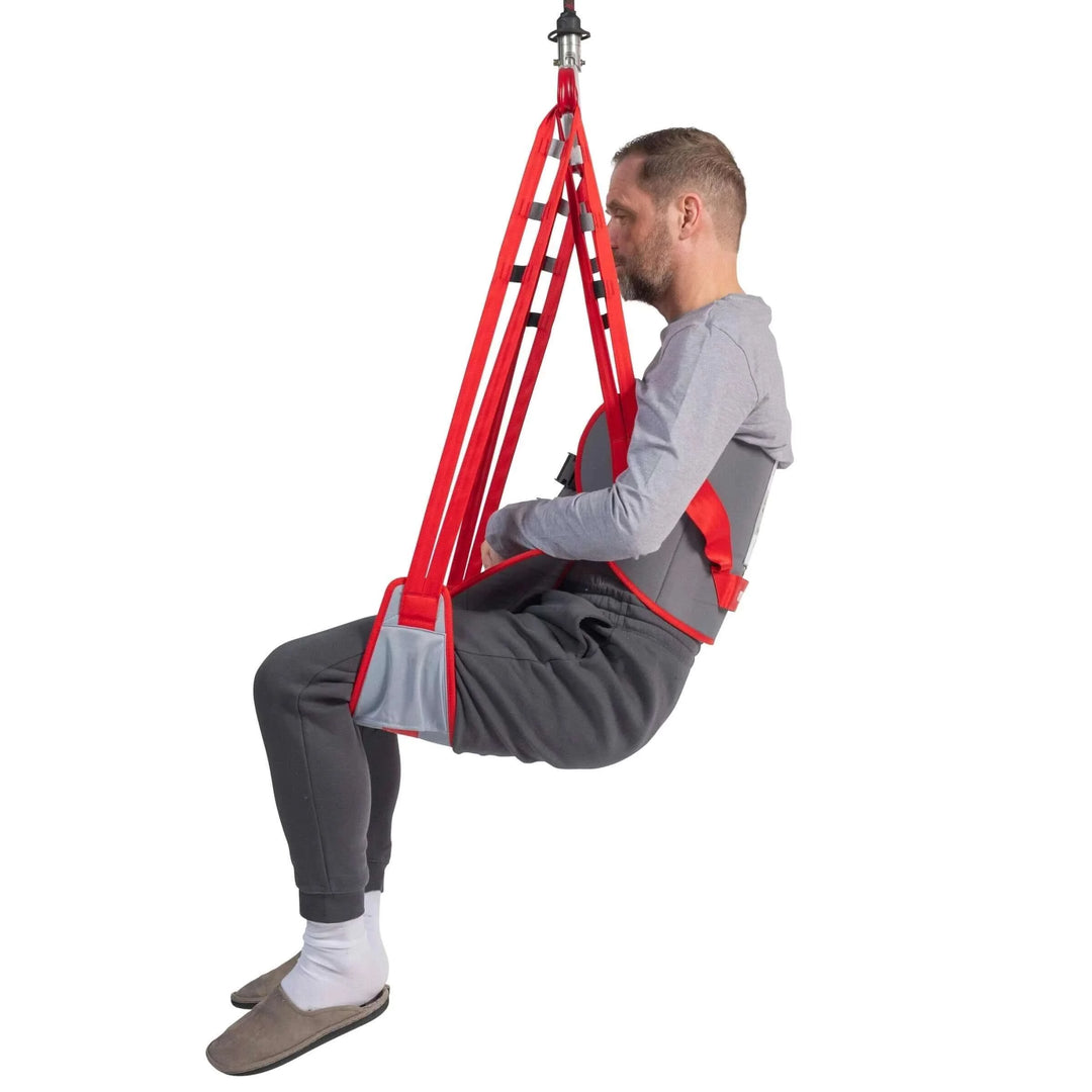 Molift - RgoSling Toilet LowBack Padded Patient Sling being used by a patient side view