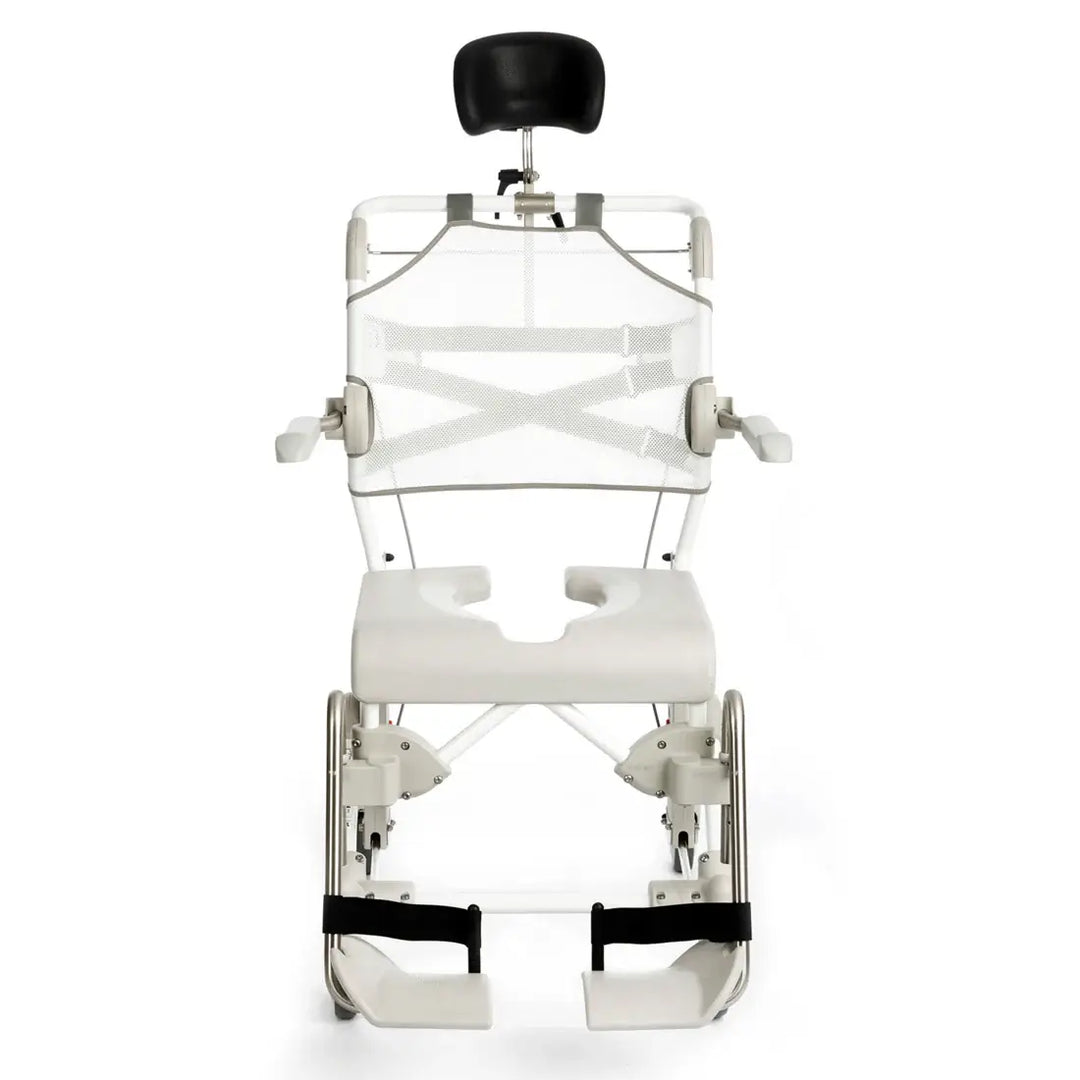 White restraint chair with black padding on a white background