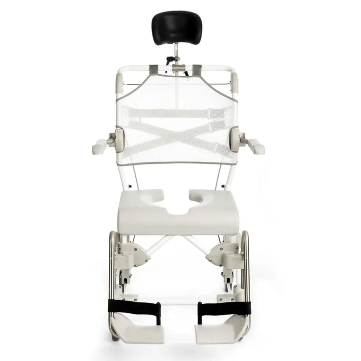 White restraint chair with black padding on a white background
