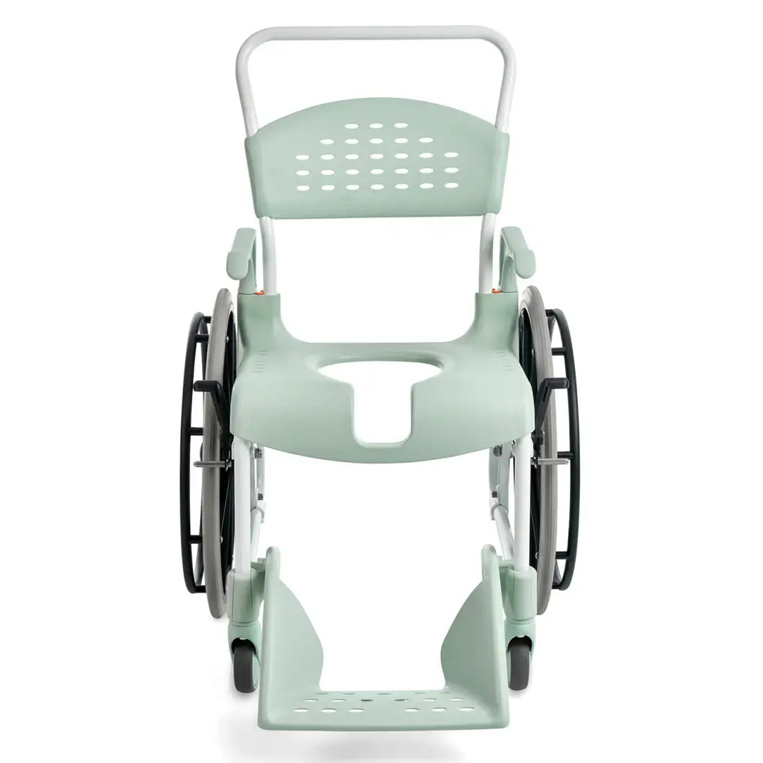 Light green commode chair with wheels on a white background