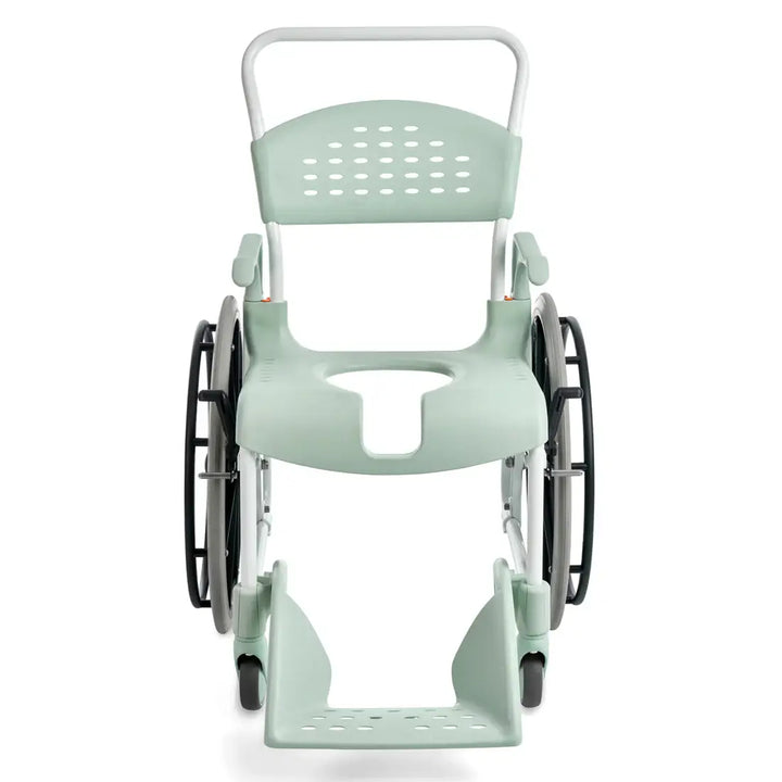 Light green commode chair with wheels on a white background