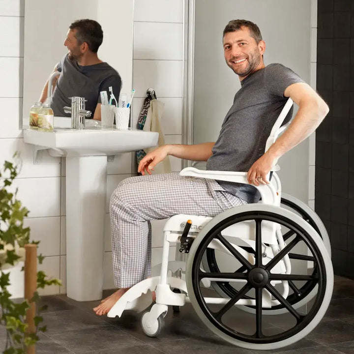 Man in a wheelchair in a bathroom setting