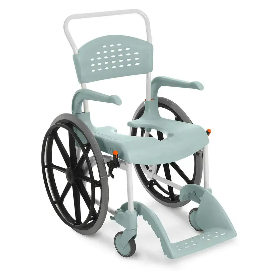 Wheelchair with attached shower chair on a white background