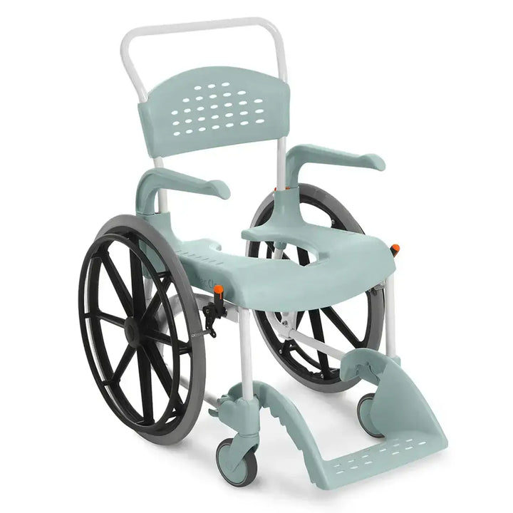 Wheelchair with attached shower chair on a white background