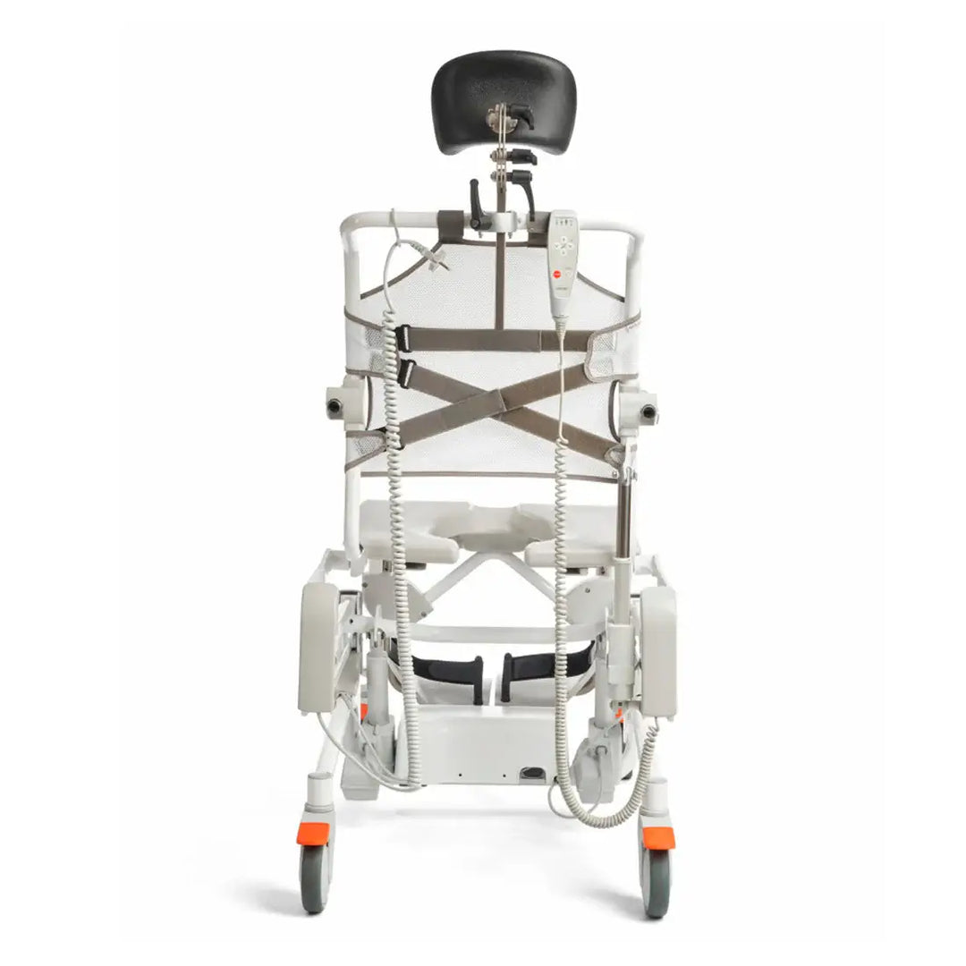 Medical restraints chair with clear plastic cover on a white background