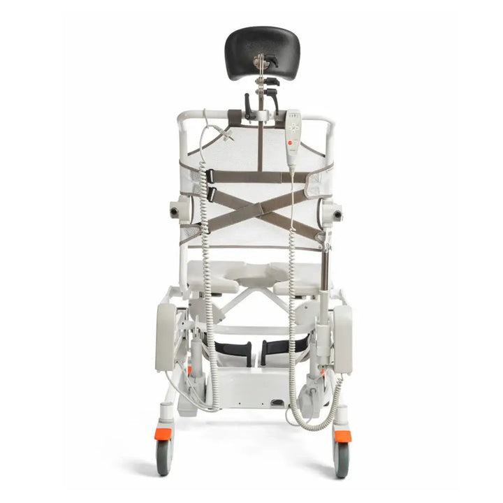 Medical restraints chair with clear plastic cover on a white background
