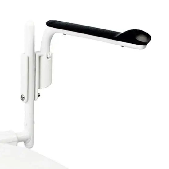 White and black adjustable bed rail on a white background