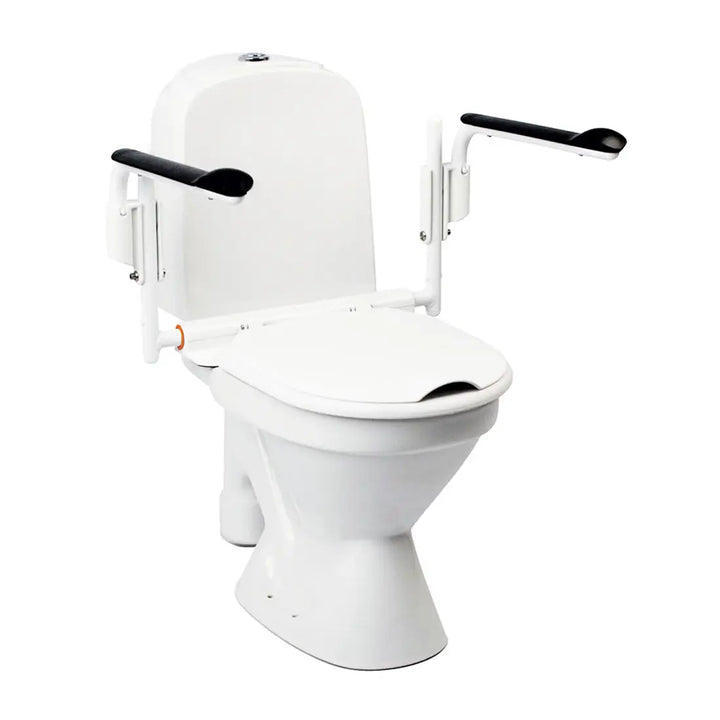 White toilet with adjustable safety rails on a white background
