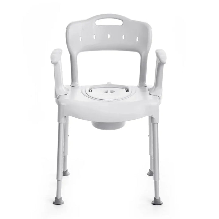 White commode chair with adjustable legs on a white background