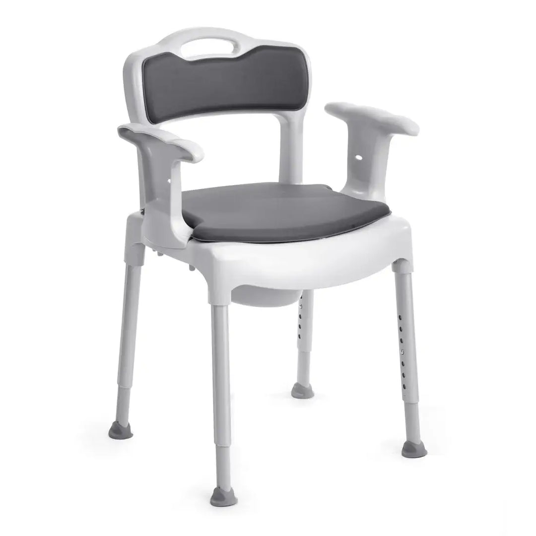 White and gray shower chair with armrests on a white background