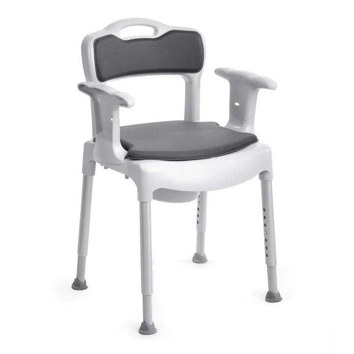 White and gray shower chair with armrests on a white background