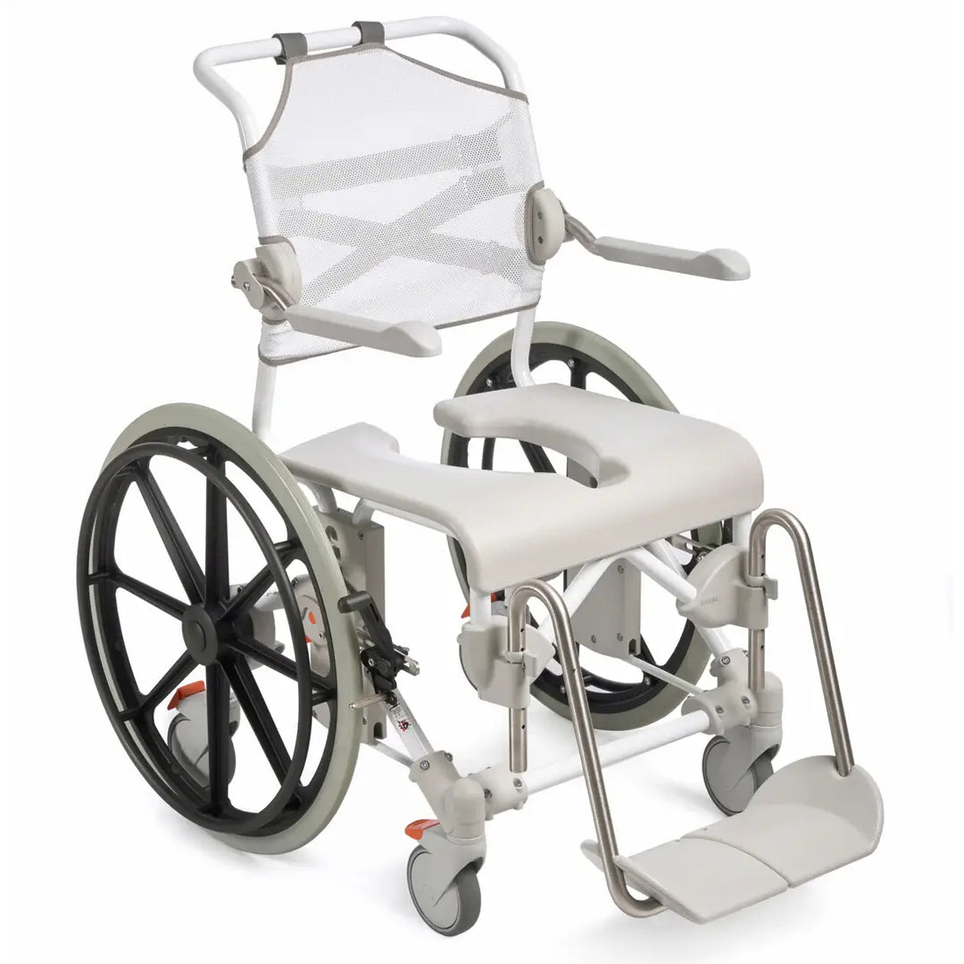 White wheelchair with shower attachment on a white background