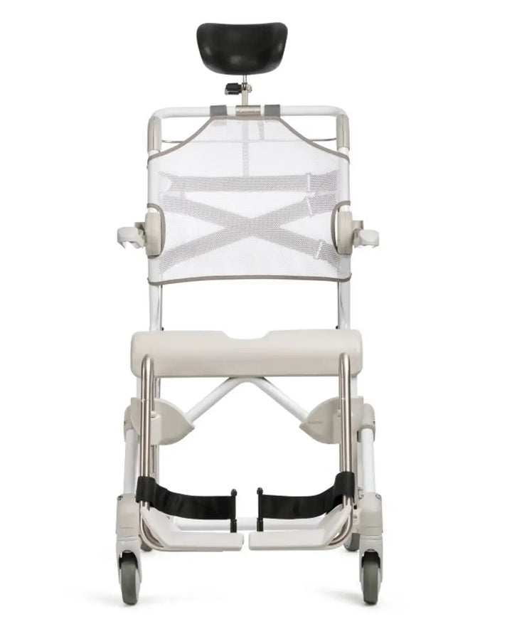 White stair chair with black seat and footrest on a white background