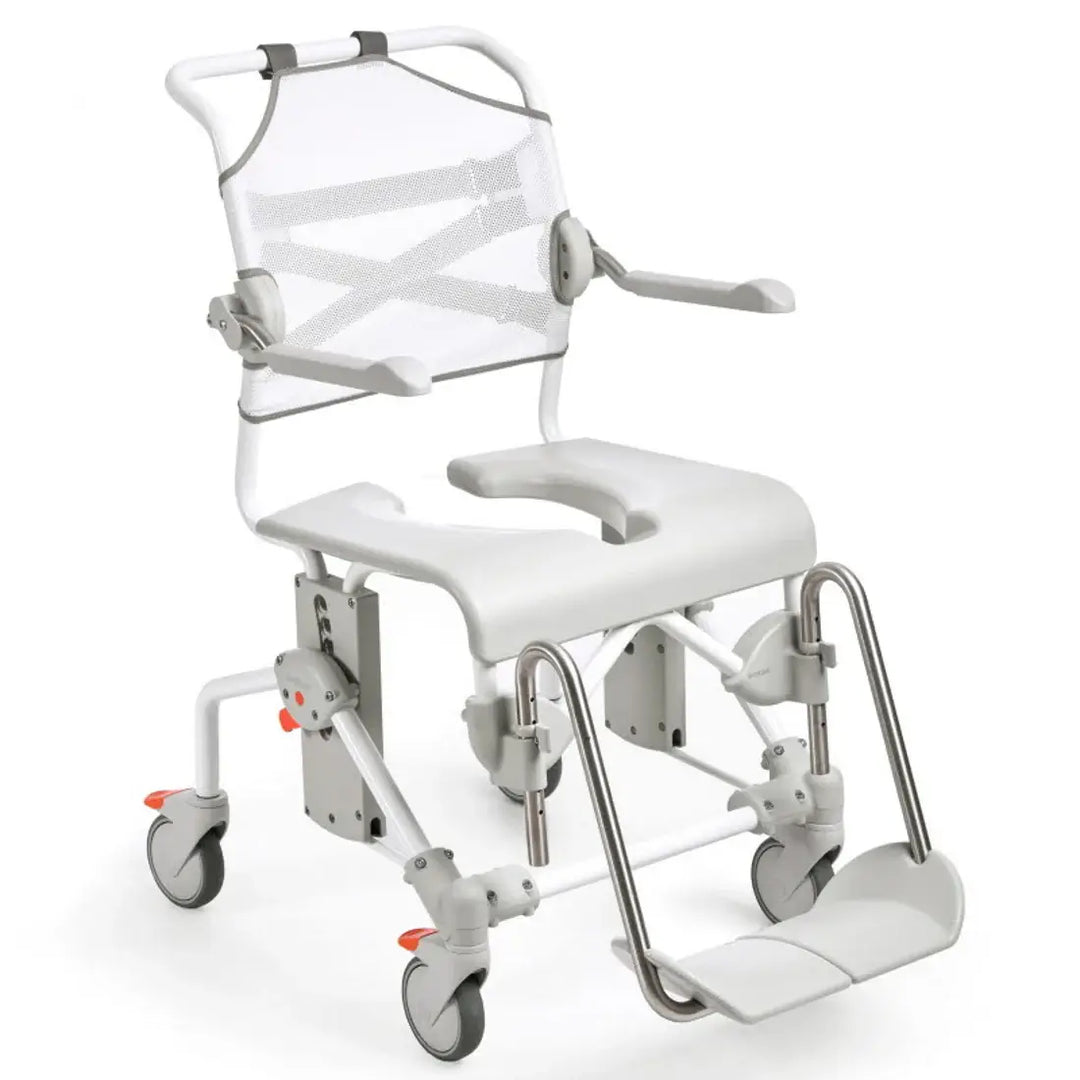 White medical shower chair with wheels on a white background