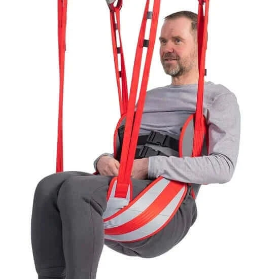 Molift - RgoSling Toilet LowBack Padded Patient Sling being used by a patient zoomed in