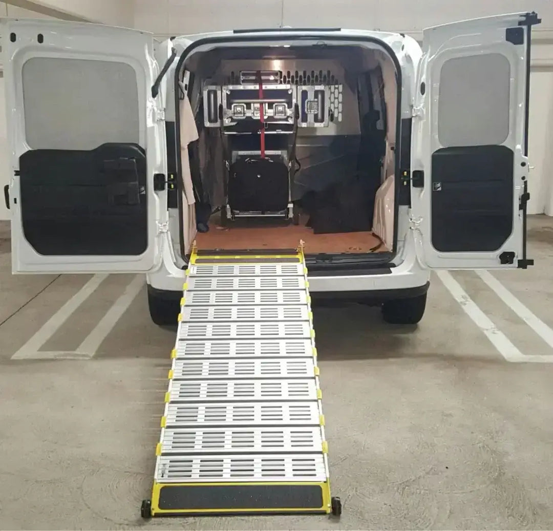 Roll-A-Ramp manual van ramp from Reliable Ramps showing a back side entrance
