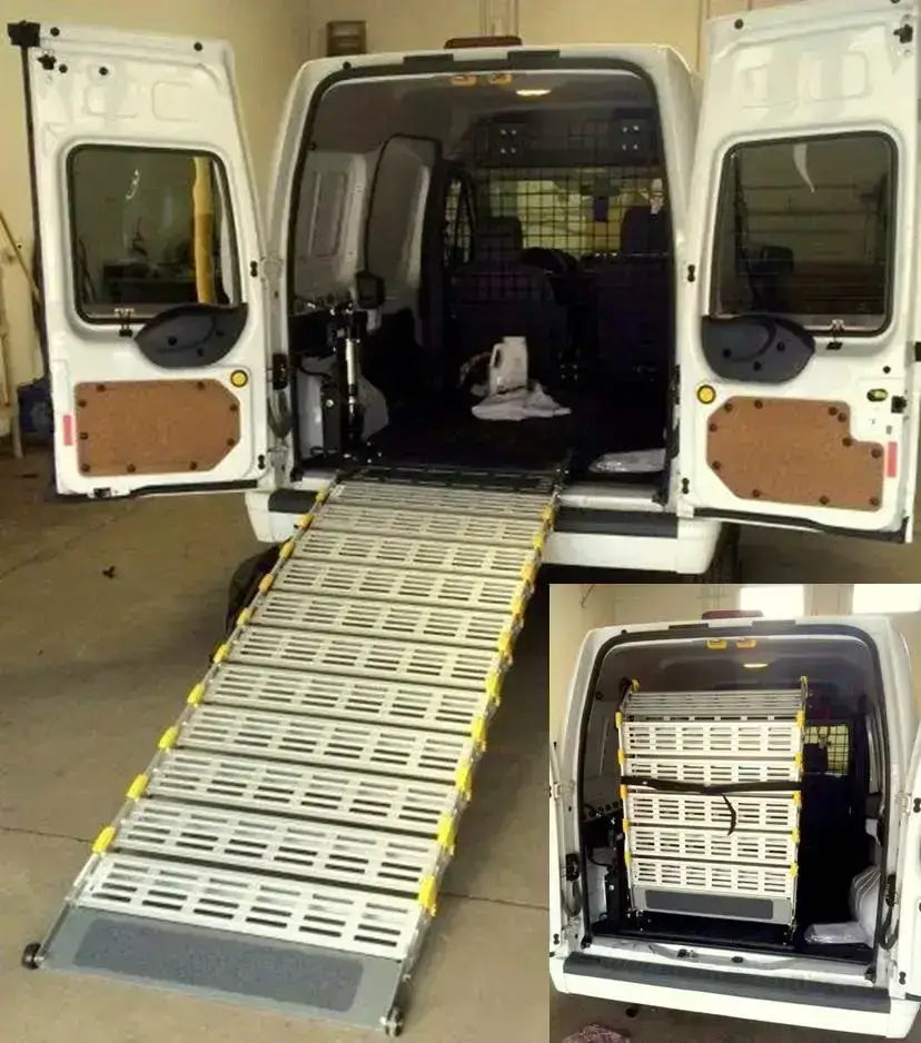 Roll-A-Ramp manual van ramp from Reliable Ramps showing it rolled out and folded up