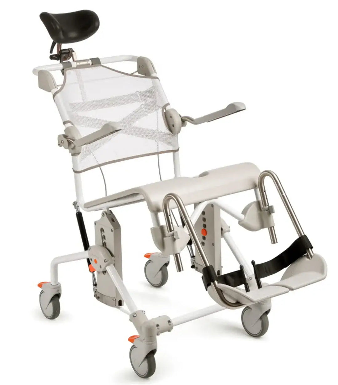 Medical mobility device with wheels and adjustable straps on a white background