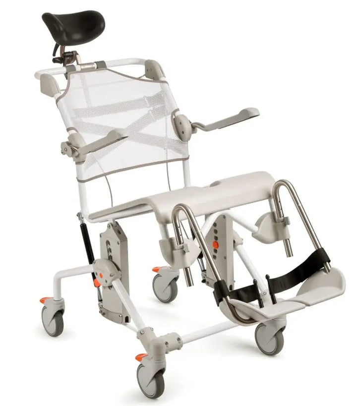 Medical mobility device with wheels and adjustable straps on a white background
