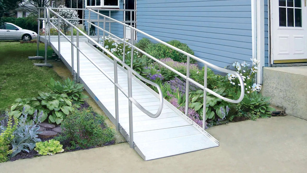 AlumiRamp - Armada Modular Aluminum Ramp System + Handrails - in front of a blue house