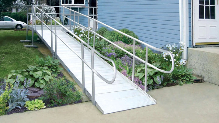 AlumiRamp - Armada Modular Aluminum Ramp System + Handrails - in front of a blue house