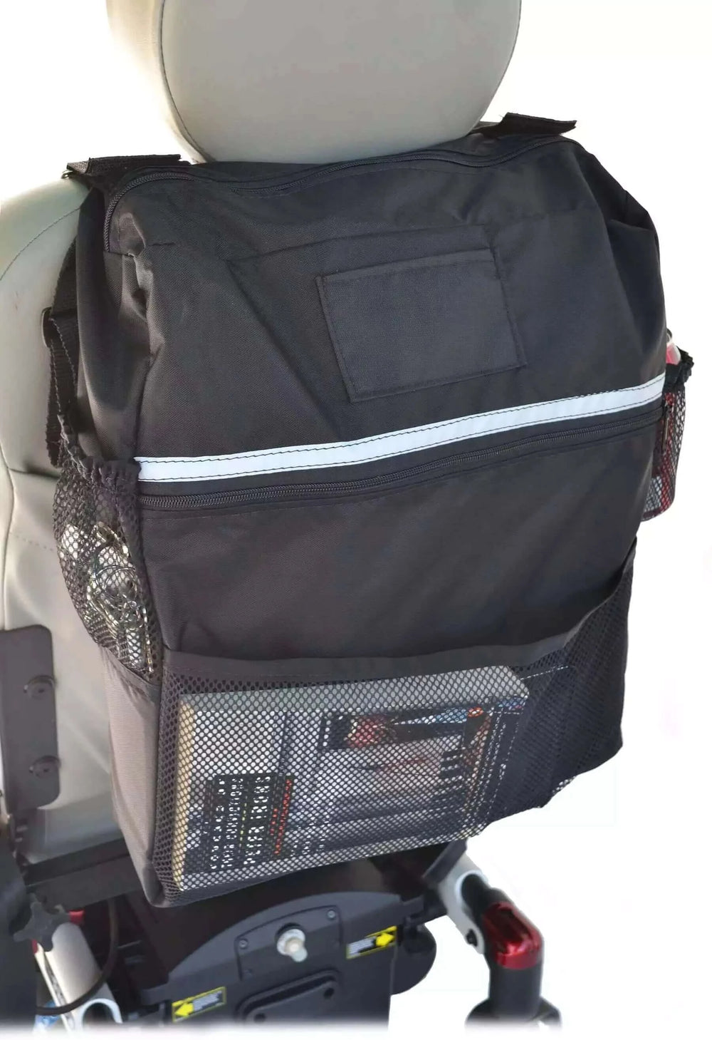 Diestco - Deluxe Seatback Bag for Mobility Equipment on scooter with white background
