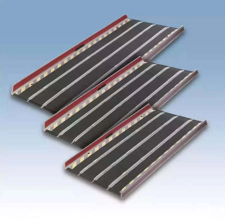 DECPAC - Fiberglass Portable Wheelchair Van Ramp + Edge Barrier - 6'6" - view of the 3 sizes with a blue background