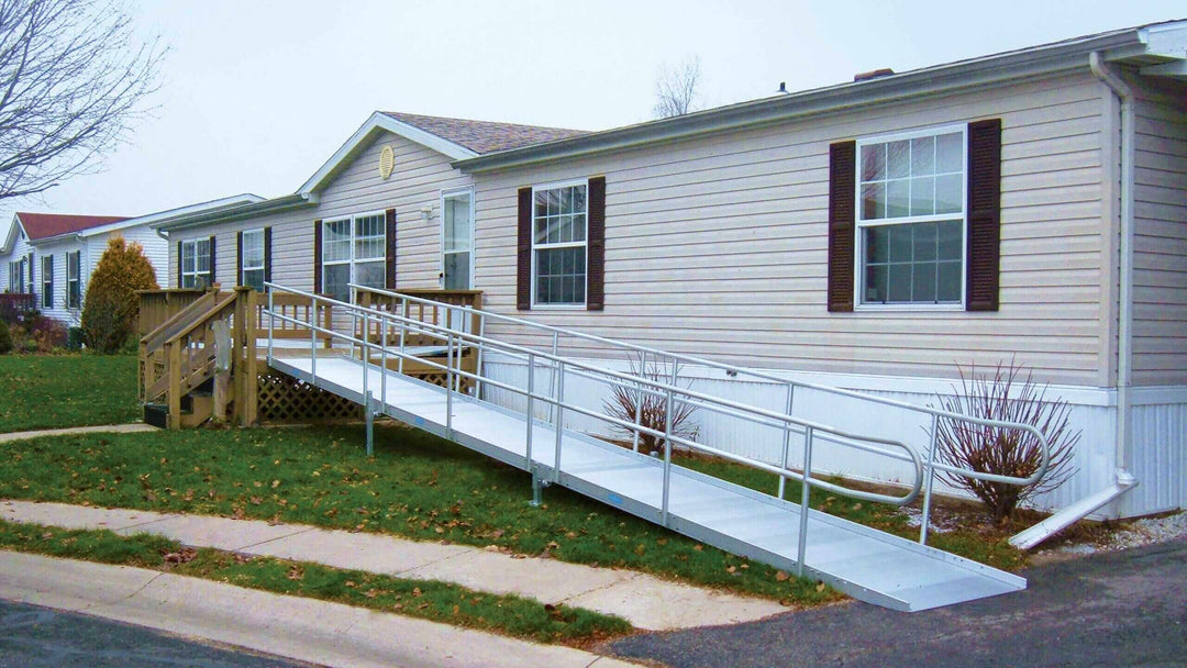 AlumiRamp - Armada Modular Aluminum Ramp System + Handrails - setup next to a trailer home