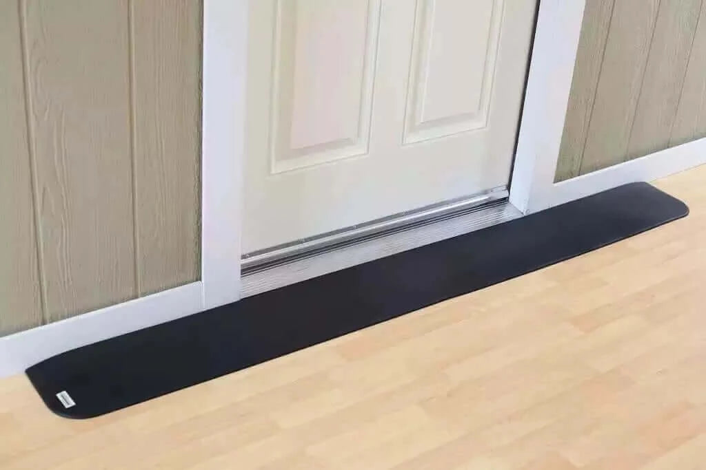 SafePath - EZ Edge Transition Rubber Threshold Ramp - 82" Width being used in front of a white door