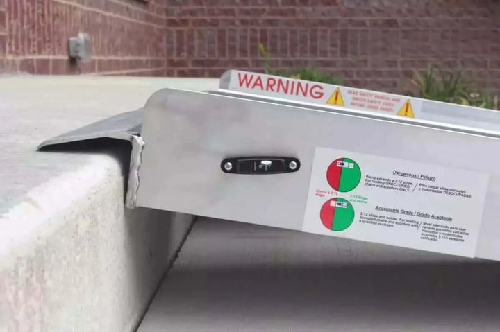 PVI - Aluminum Multi-Fold Portable Wheelchair Ramp zoomed in image of how it sits on a threshold