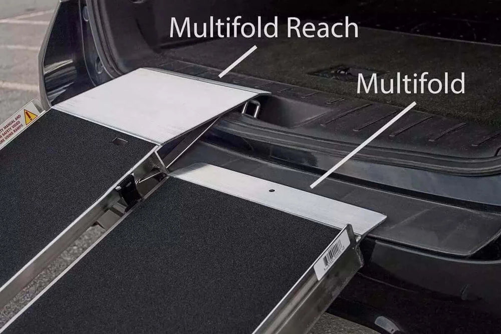 PVI - Aluminum Multi-Fold Rear Door Reach Portable Van Wheelchair Ramp being shown next to the multifold ramp depicting the differences in ramps