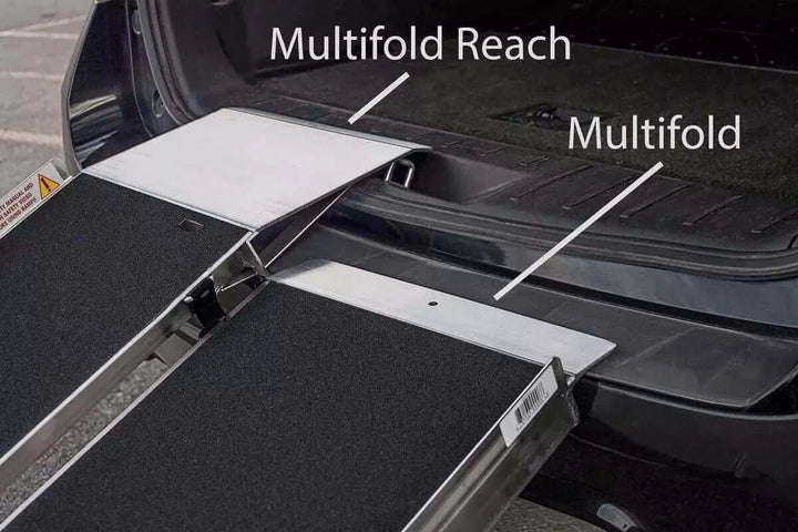 PVI - Aluminum Multi-Fold Rear Door Reach Portable Van Wheelchair Ramp being shown next to the multifold ramp depicting the differences in ramps
