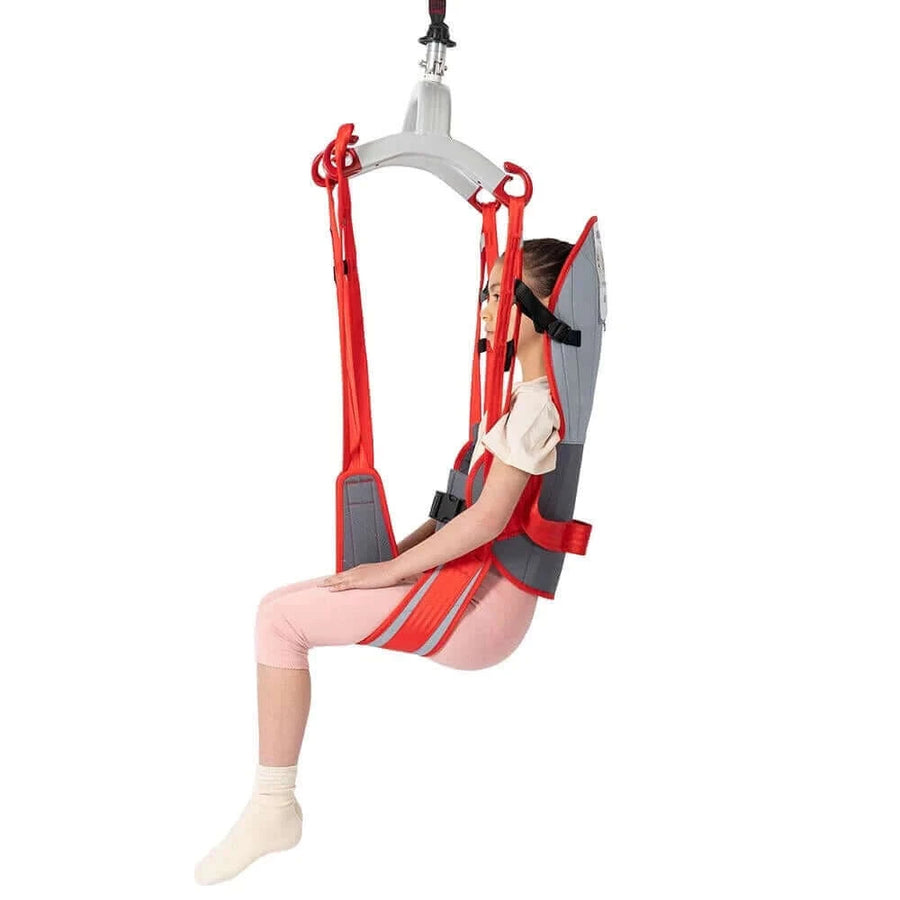 Molift - RgoSling Toilet HighBack Padded Patient Sling being used by a patient side view