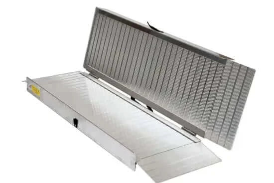American Access - Sidekick Portable Aluminum Folding Wheelchair Van Ramp - being unfolded with a white background