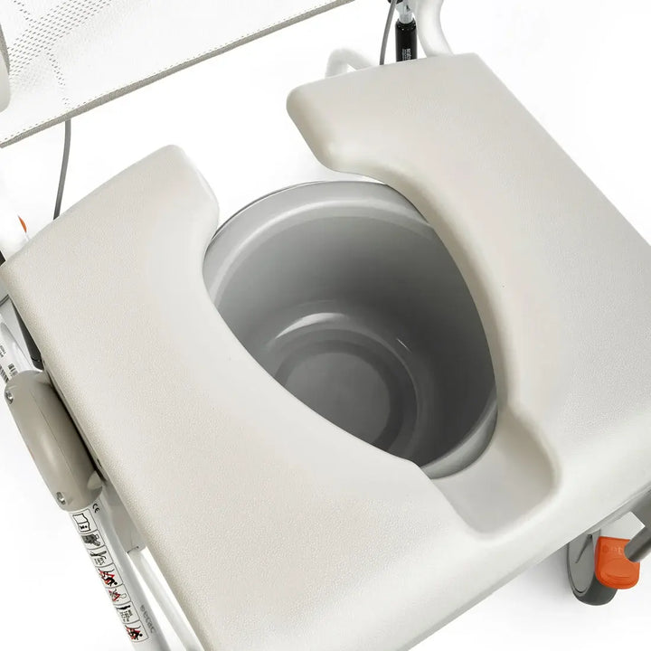 White commode chair with a gray seat on a white background