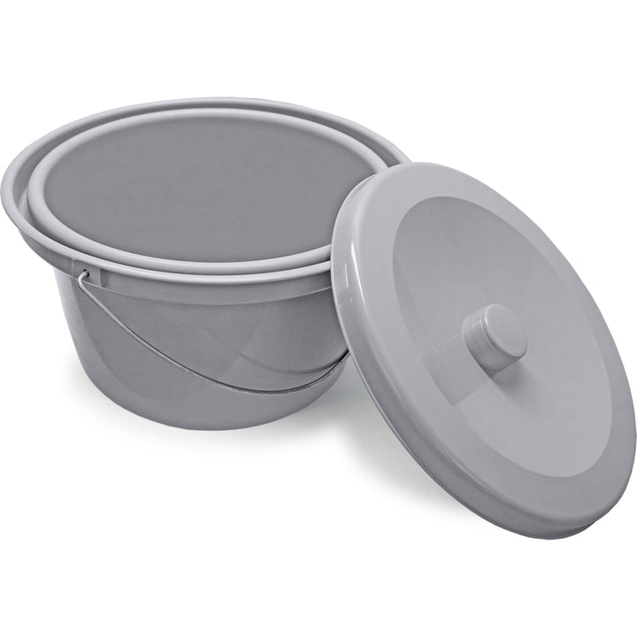 Gray plastic bucket with a lid on a white background