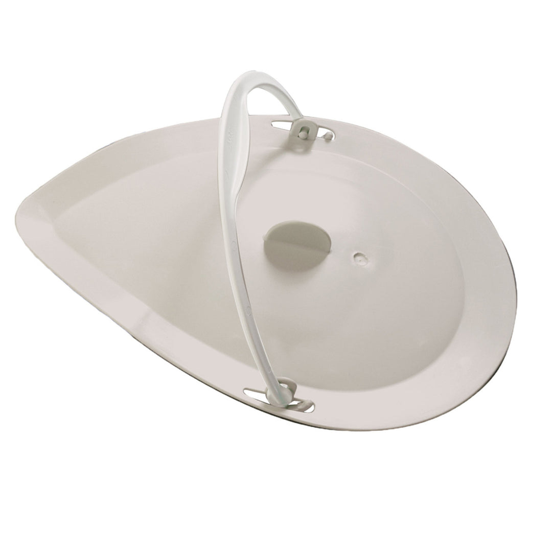 White plastic lid with a handle on a white background